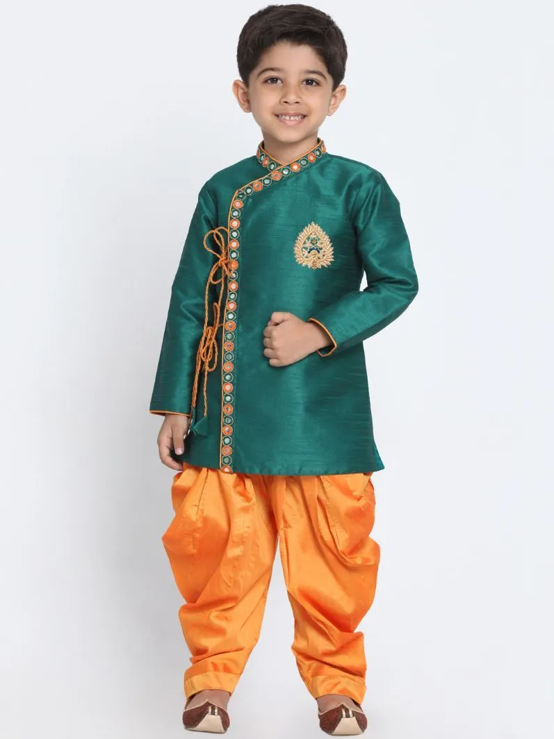 Jashvi Boy's Green Cotton Silk Blend Kurta and Dhoti Set