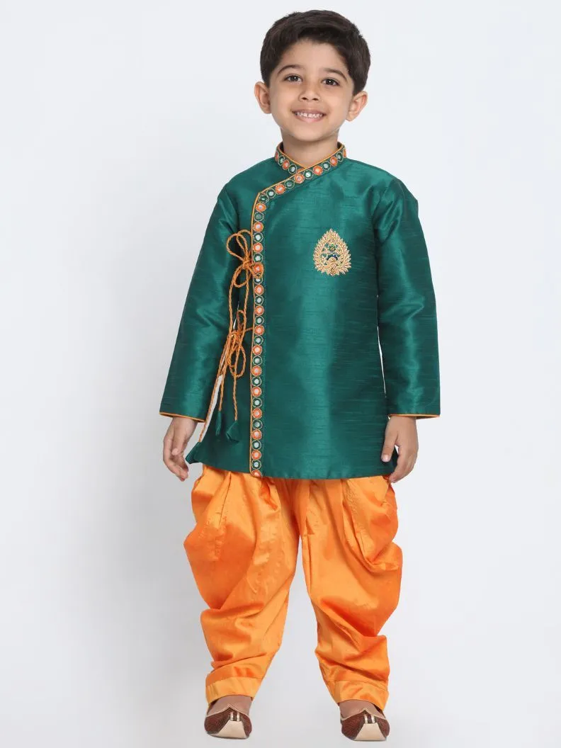 Jashvi Boy's Green Cotton Silk Blend Kurta and Dhoti Set