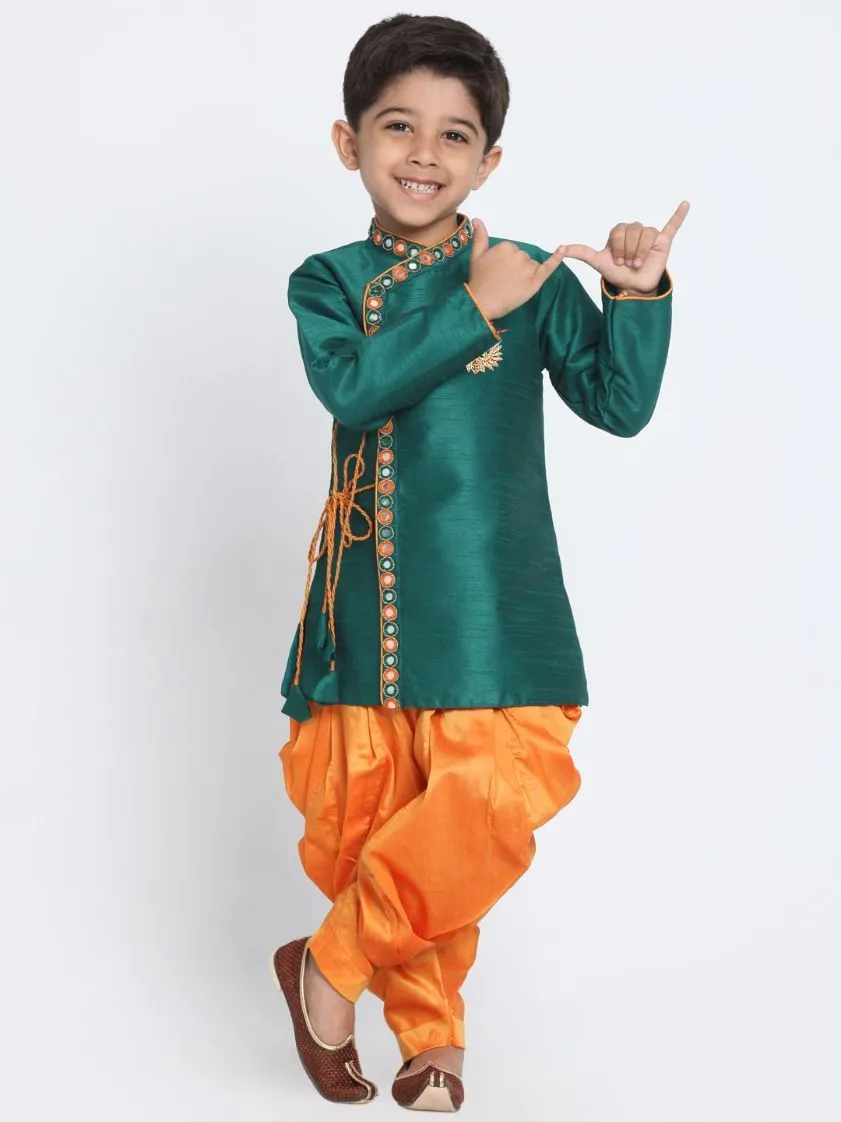 Jashvi Boy's Green Cotton Silk Blend Kurta and Dhoti Set