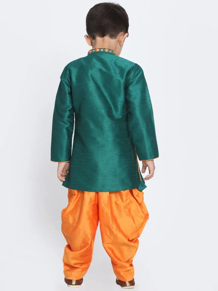 Jashvi Boy's Green Cotton Silk Blend Kurta and Dhoti Set