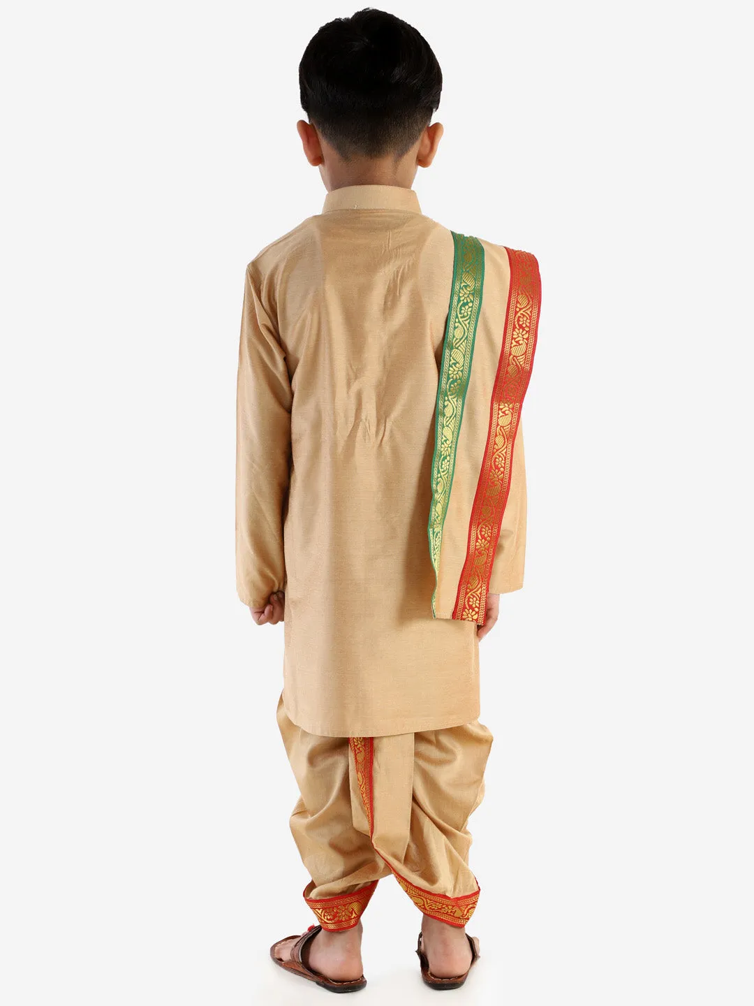 Jashvi Boy's Rose Gold Cotton Blend Kurta Dhoti and Dupatta Set