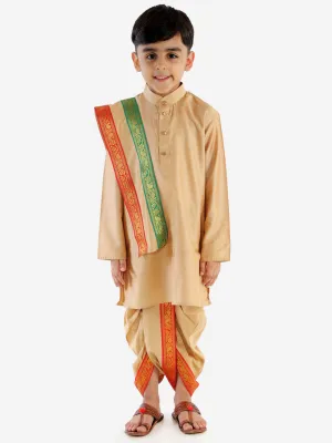 Jashvi Boy's Rose Gold Cotton Blend Kurta Dhoti and Dupatta Set