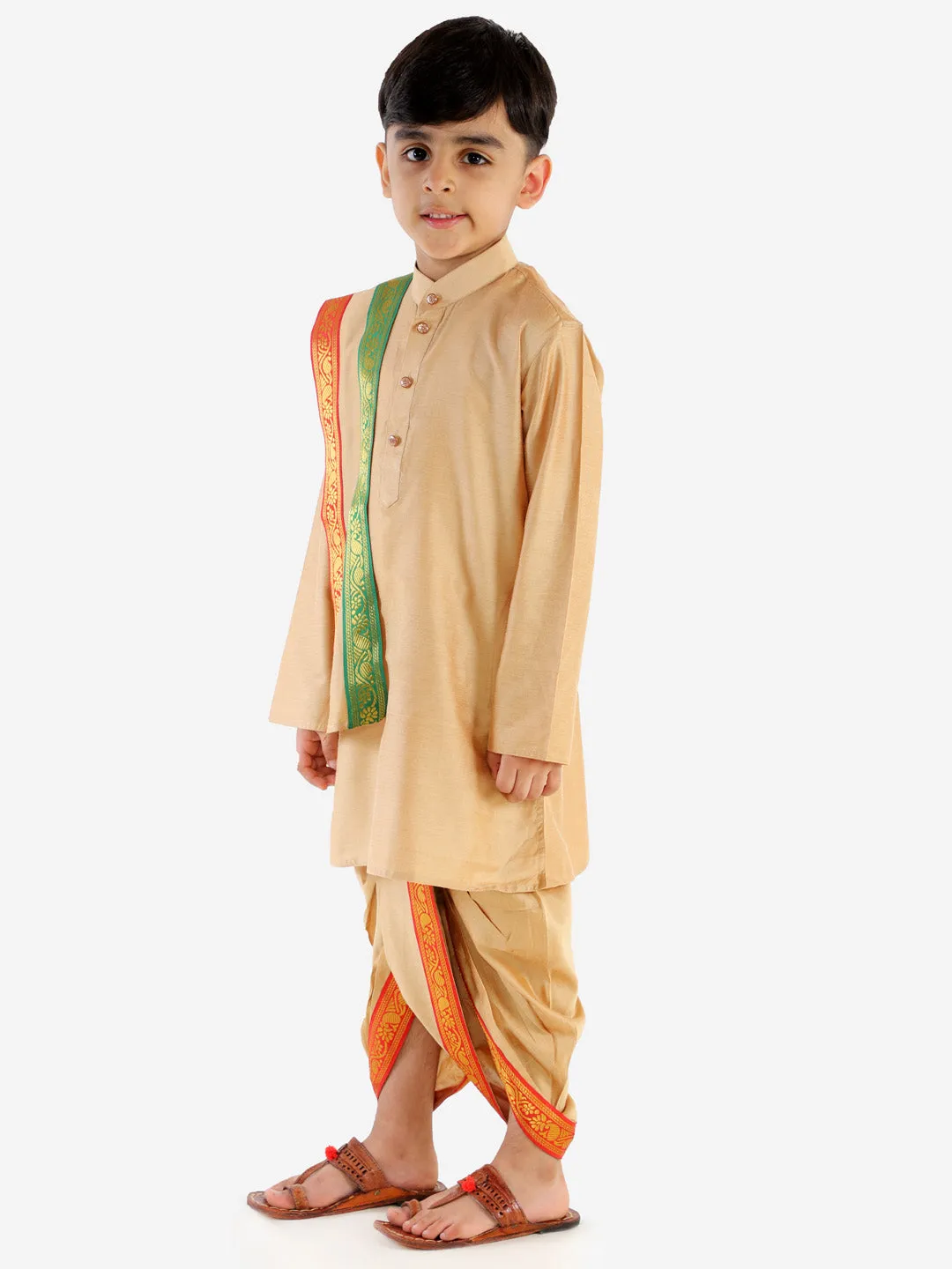 Jashvi Boy's Rose Gold Cotton Blend Kurta Dhoti and Dupatta Set