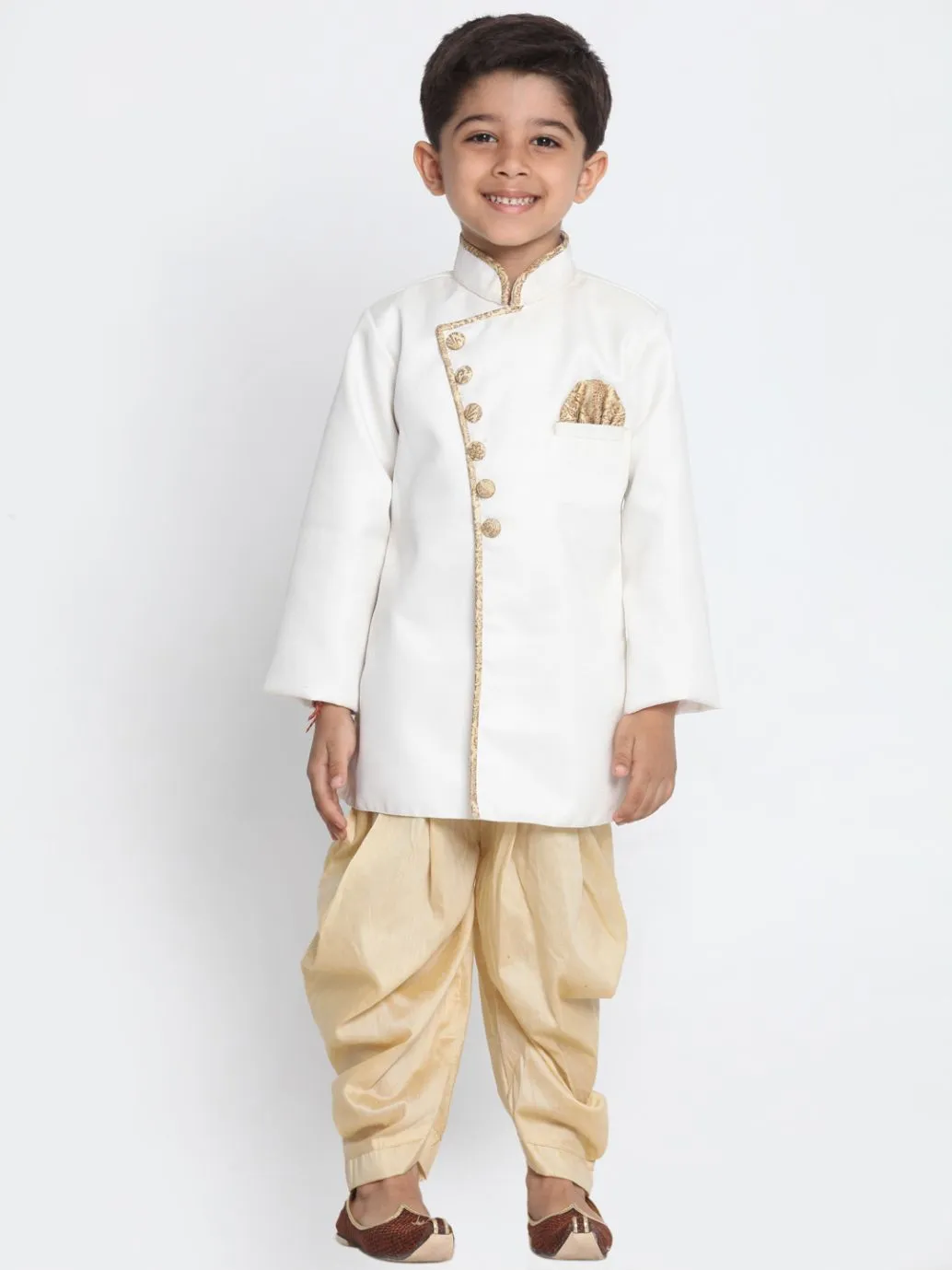 Jashvi Boy's White Jute Silk Blend Sherwani Set