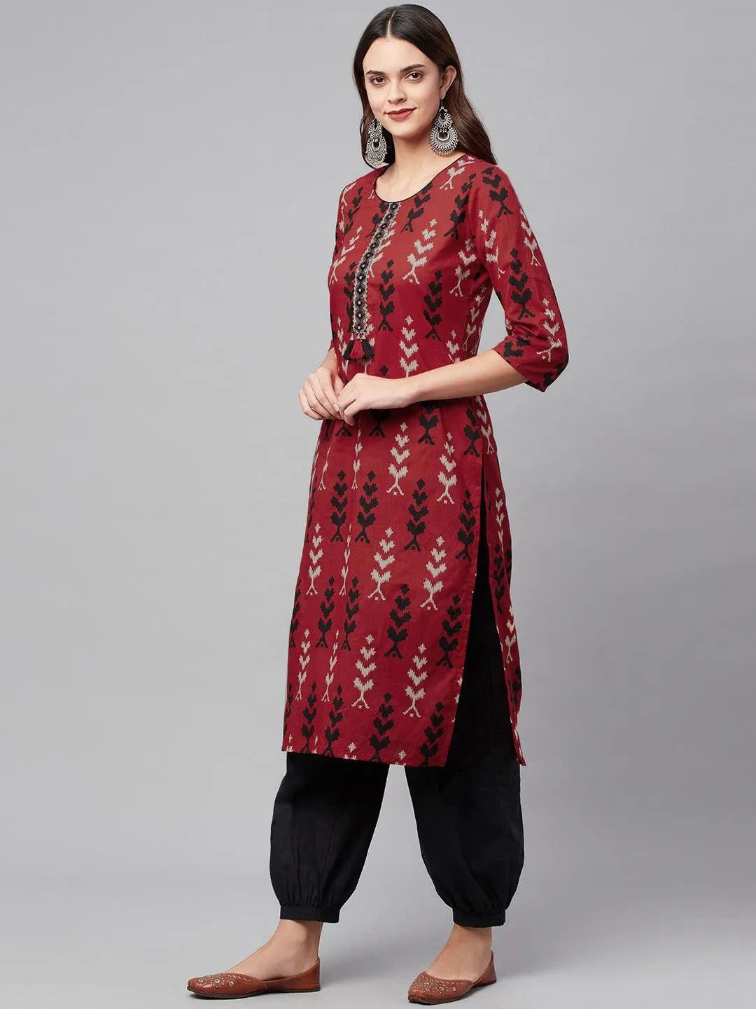 Jashvi Maroon Cotton Straight Kurta Hem Cuffed Pant set