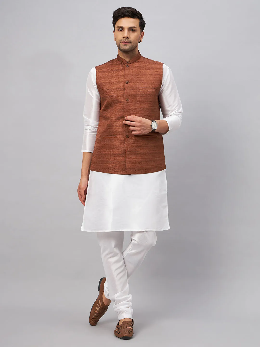 Jashvi Men's Coffee Matka Silk Nehru Jacket With White Silk Blend Kurta Pyjama Set