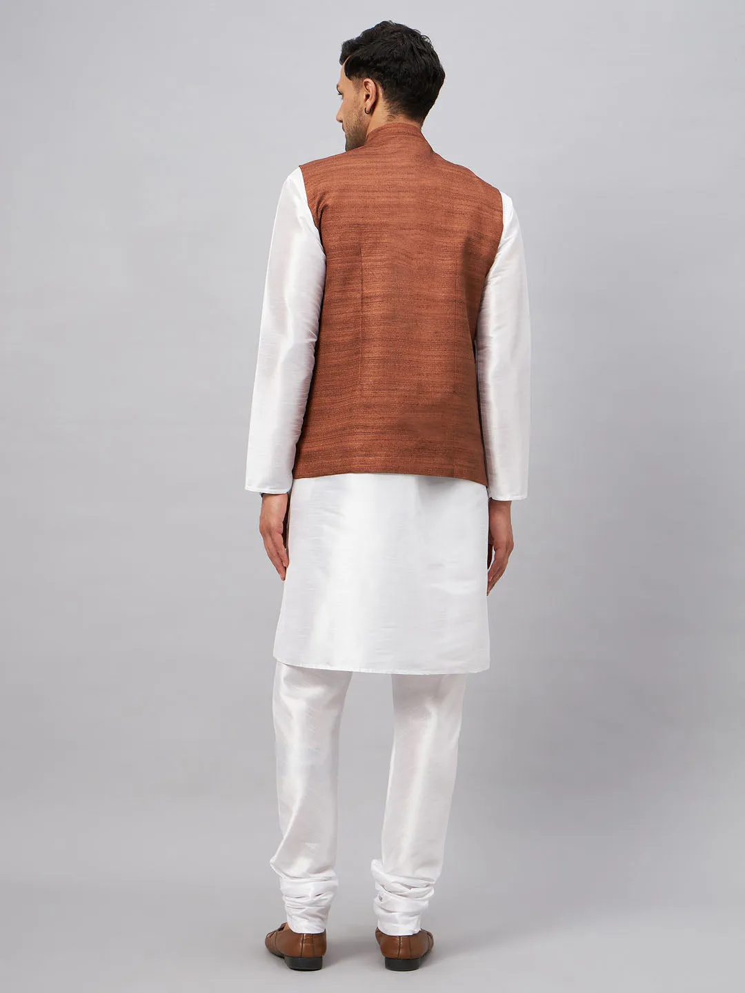 Jashvi Men's Coffee Matka Silk Nehru Jacket With White Silk Blend Kurta Pyjama Set