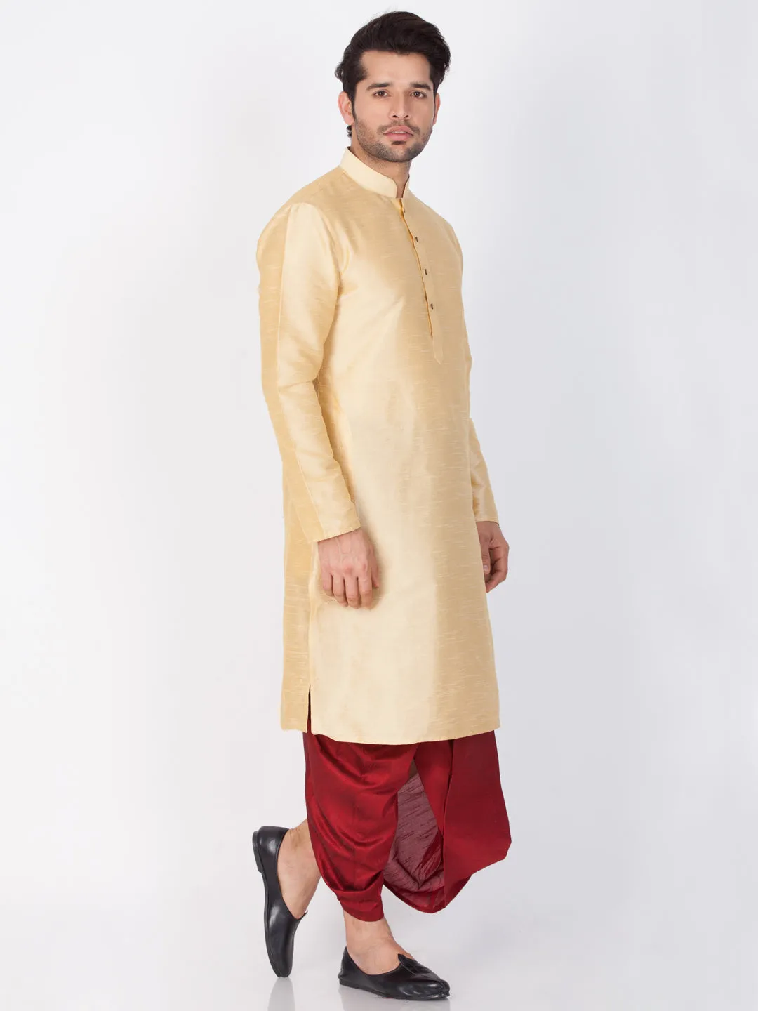 Jashvi Men's Gold Cotton Silk Blend Kurta and Dhoti Pant Set