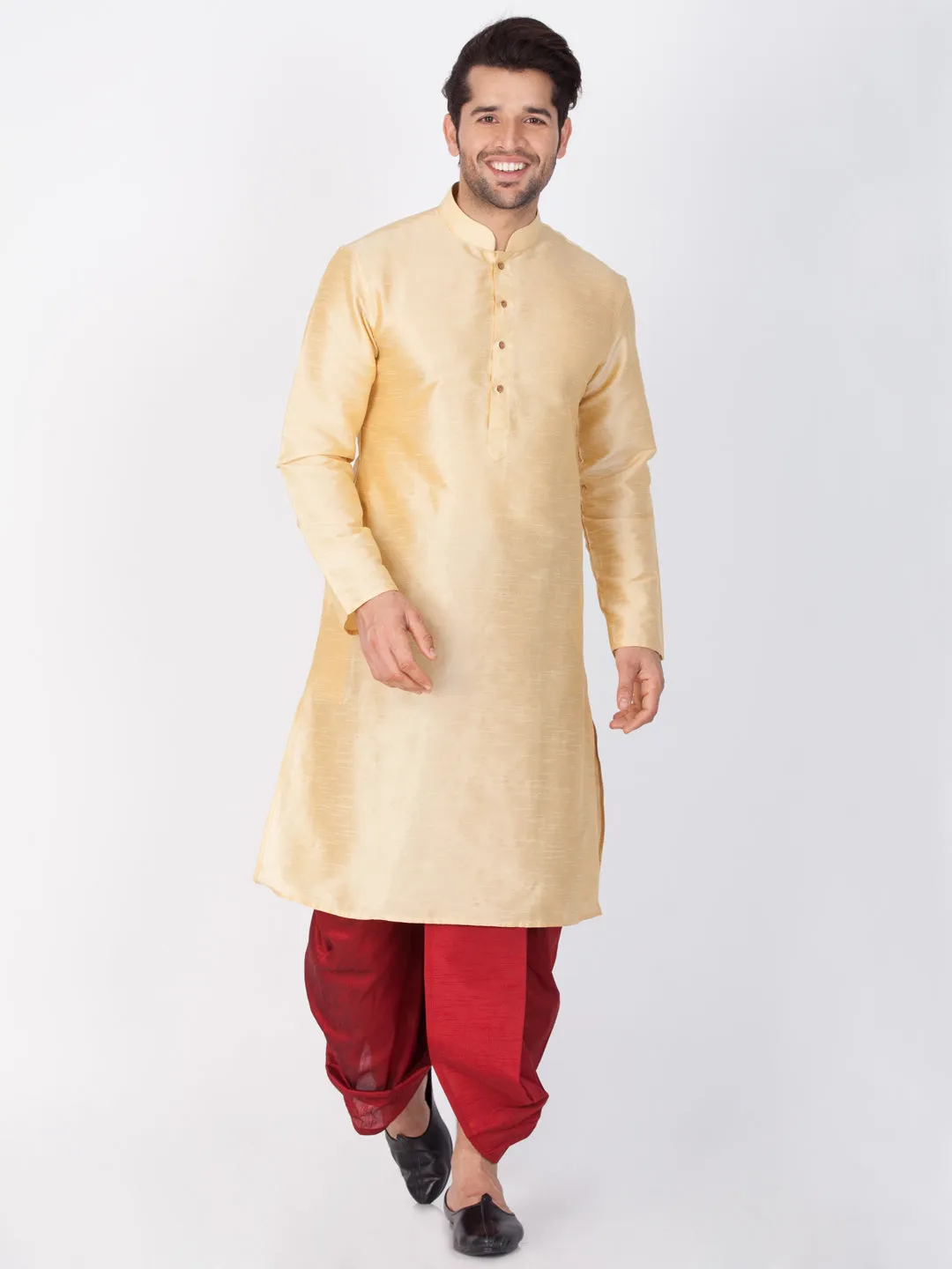 Jashvi Men's Gold Cotton Silk Blend Kurta and Dhoti Pant Set