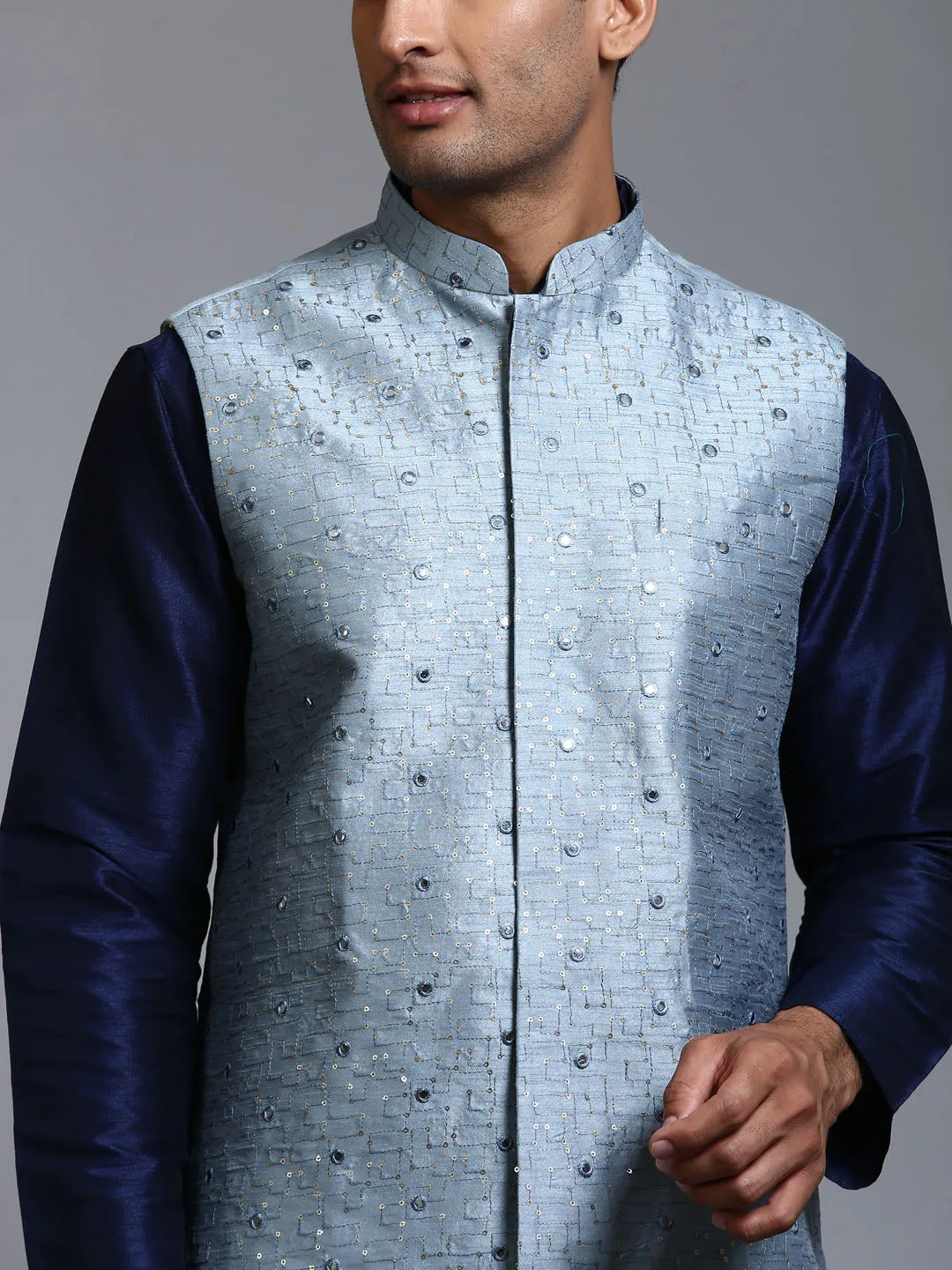 Jashvi Men's Grey Embellished Jacket with Navy Blue Kurta Pant Set