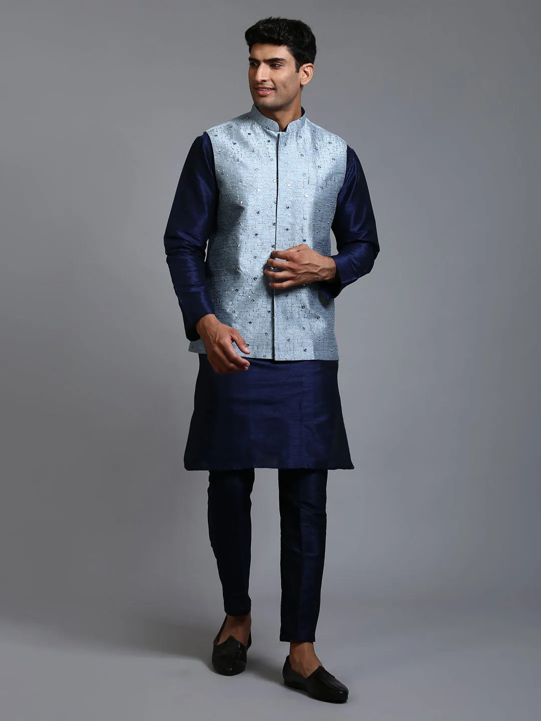 Jashvi Men's Grey Embellished Jacket with Navy Blue Kurta Pant Set