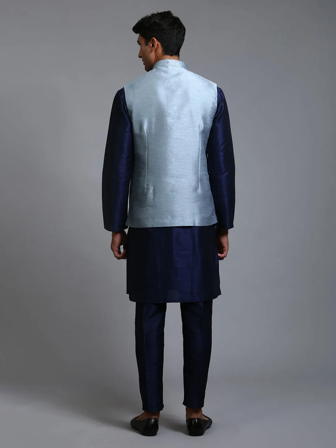 Jashvi Men's Grey Embellished Jacket with Navy Blue Kurta Pant Set