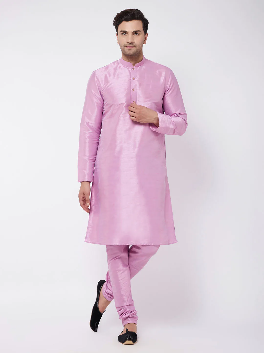 Jashvi Men's Onion Pink Silk Blend Kurta and Pyjama Set