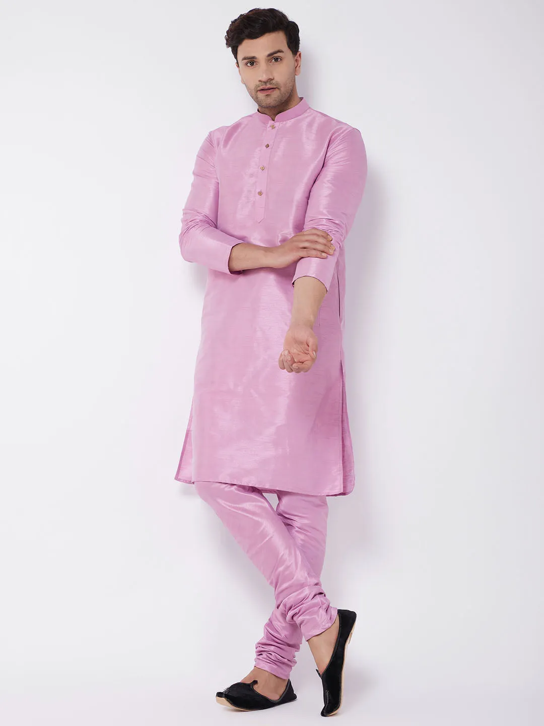 Jashvi Men's Onion Pink Silk Blend Kurta and Pyjama Set