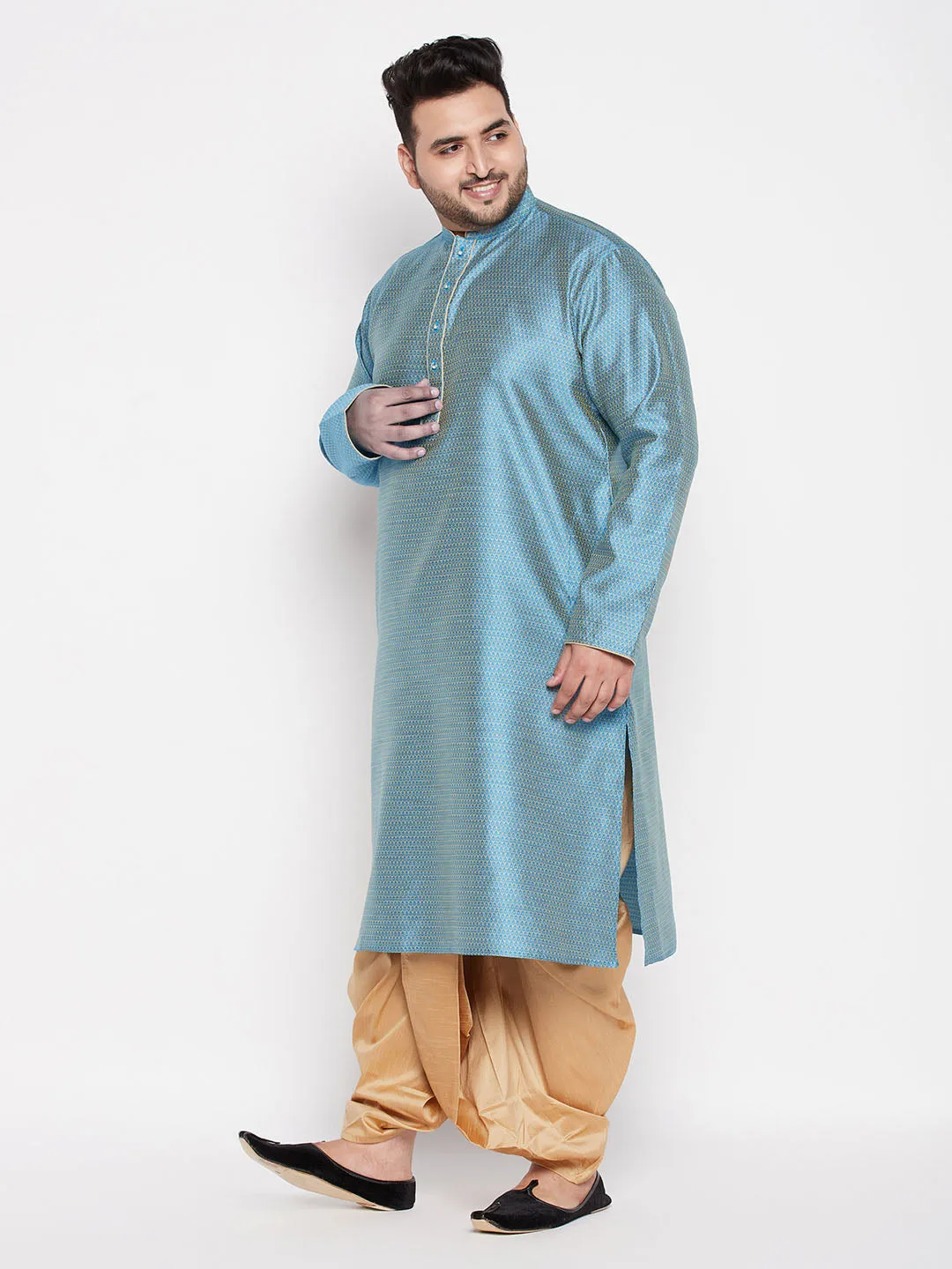 Jashvi Men's Plus Size Aqua Blue Woven Kurta And Rose Gold Dhoti Set