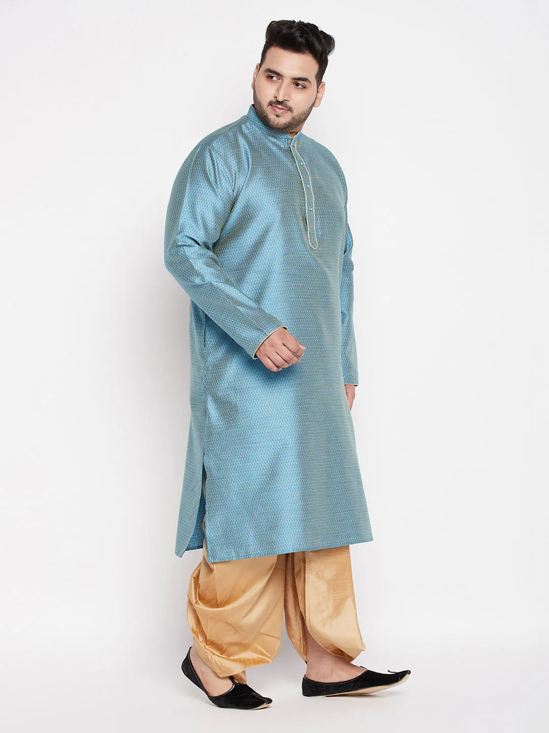 Jashvi Men's Plus Size Aqua Blue Woven Kurta And Rose Gold Dhoti Set