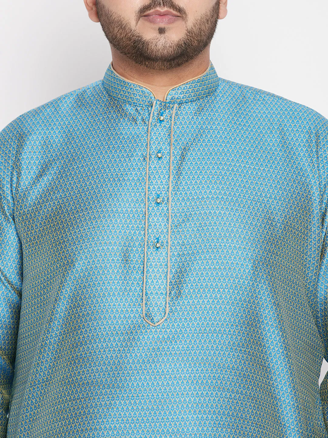 Jashvi Men's Plus Size Aqua Blue Woven Kurta And Rose Gold Dhoti Set