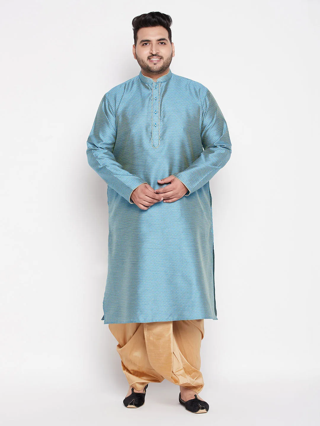 Jashvi Men's Plus Size Aqua Blue Woven Kurta And Rose Gold Dhoti Set