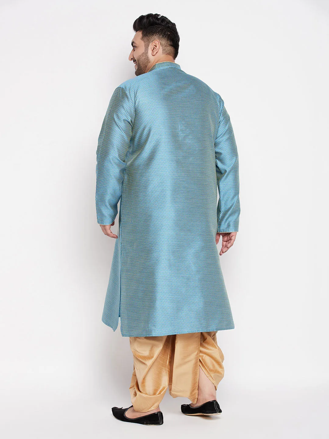 Jashvi Men's Plus Size Aqua Blue Woven Kurta And Rose Gold Dhoti Set