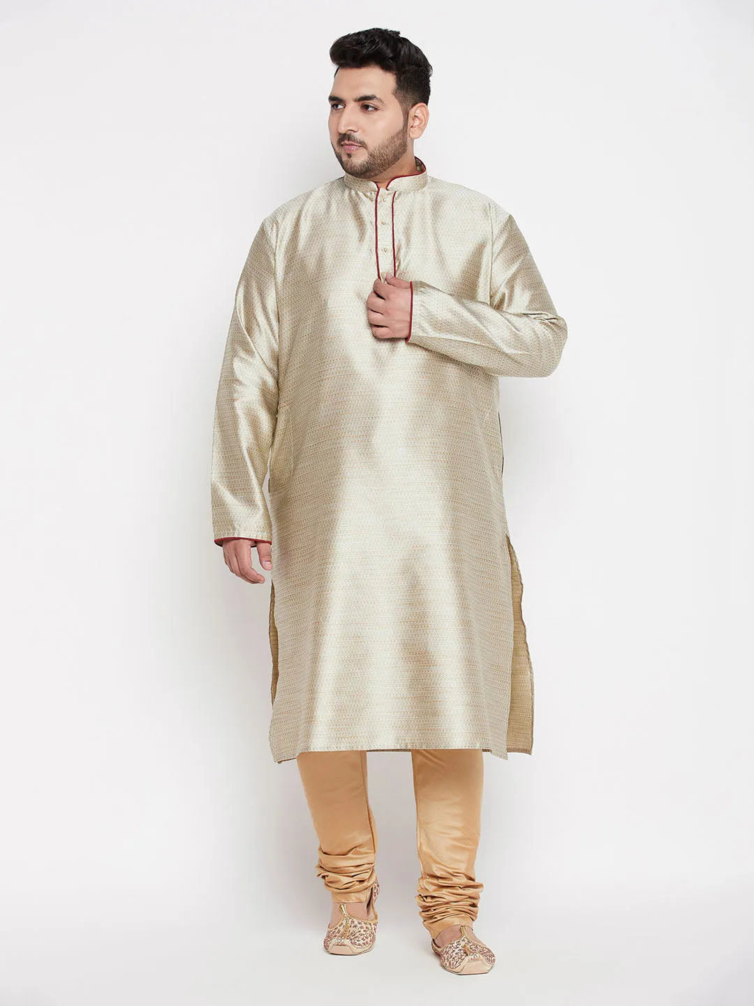 Jashvi Men's Plus Size Beige Woven Kurta And Rose Gold Pyjama Set