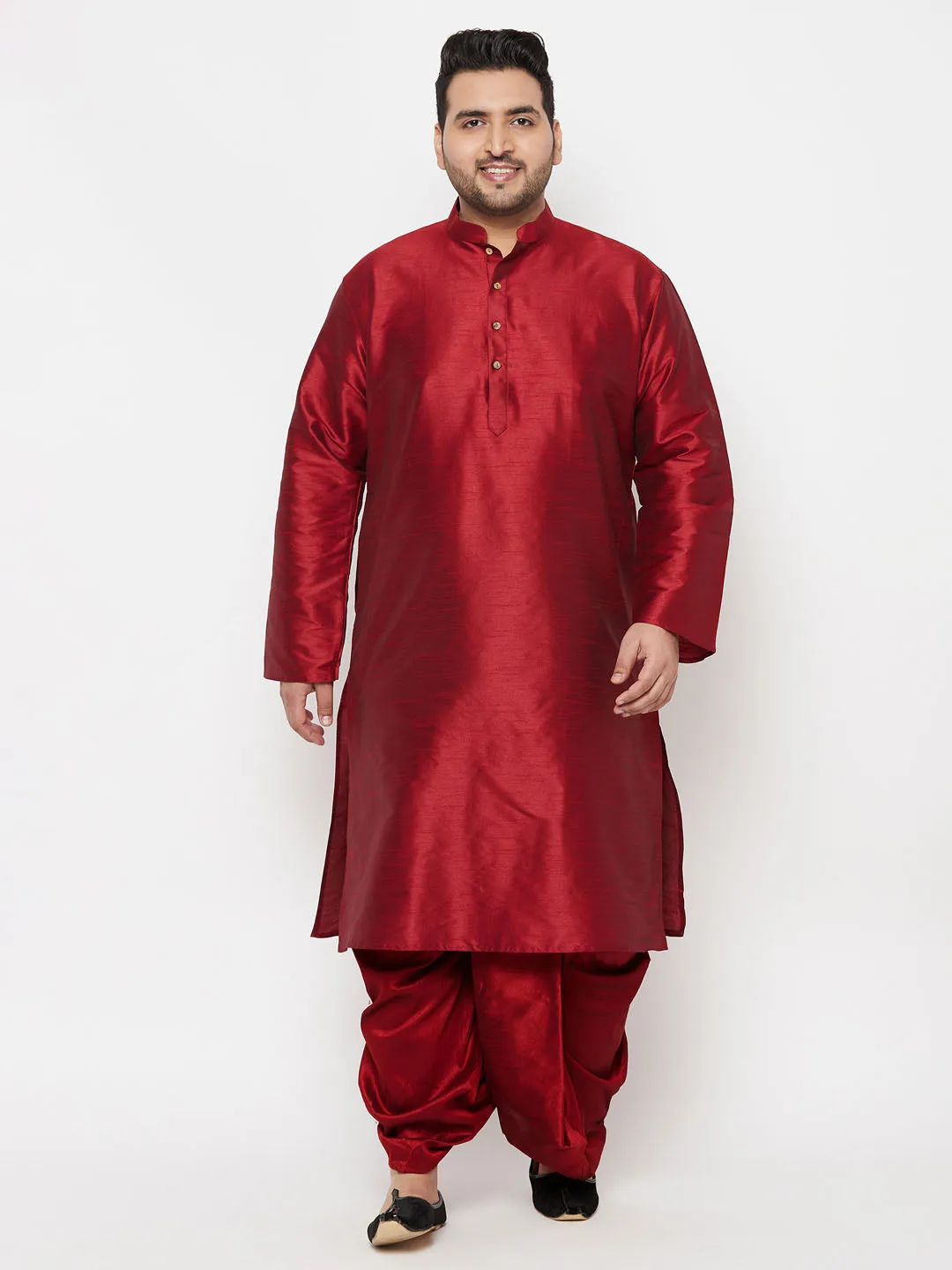 Jashvi Men's Plus Size Maron Silk Blend Kurta And Maroon Solid Dhoti Set