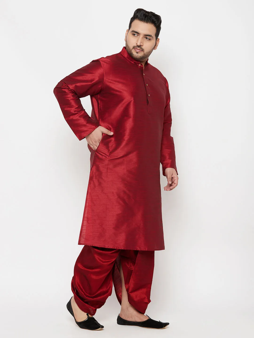 Jashvi Men's Plus Size Maron Silk Blend Kurta And Maroon Solid Dhoti Set