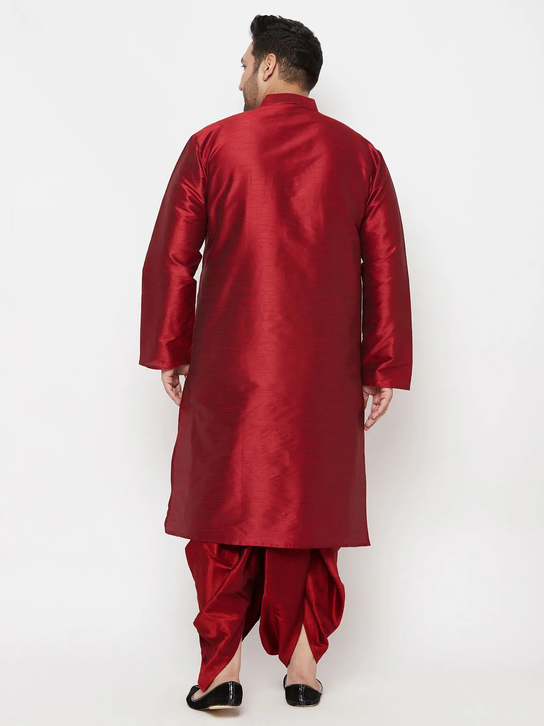 Jashvi Men's Plus Size Maron Silk Blend Kurta And Maroon Solid Dhoti Set