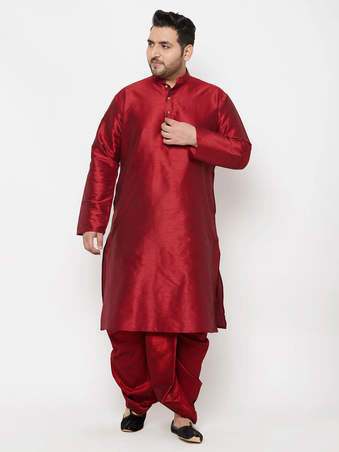 Jashvi Men's Plus Size Maron Silk Blend Kurta And Maroon Solid Dhoti Set