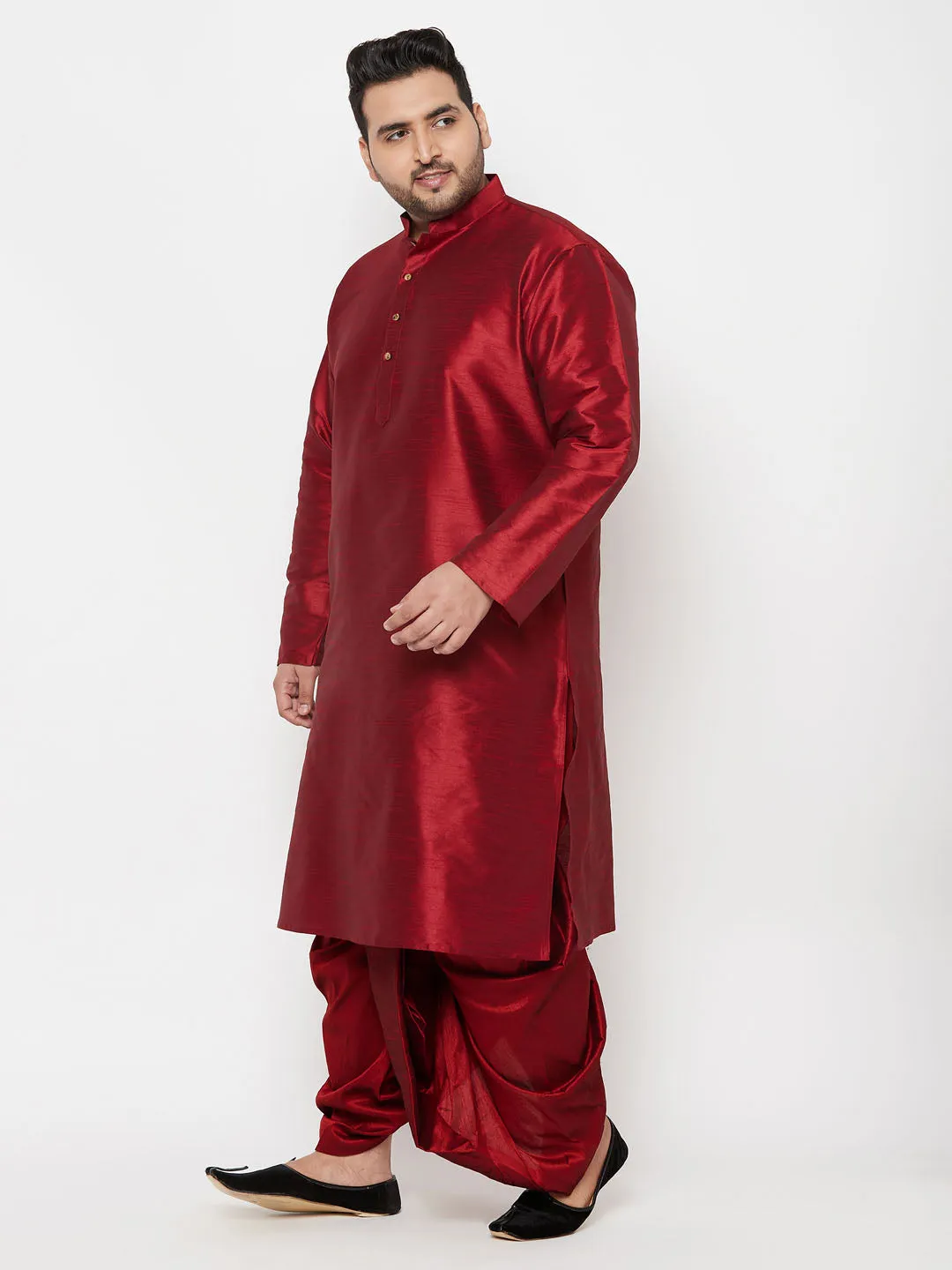 Jashvi Men's Plus Size Maron Silk Blend Kurta And Maroon Solid Dhoti Set