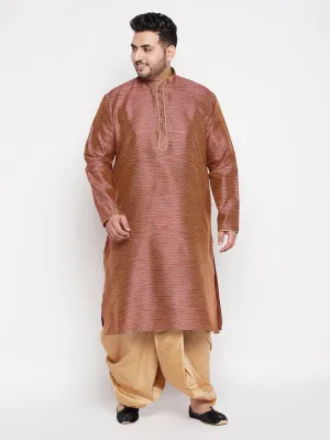 Jashvi Men's Plus Size Maroon Woven Kurta And Rose Gold Dhoti Set