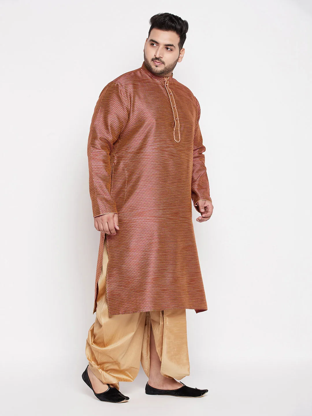 Jashvi Men's Plus Size Maroon Woven Kurta And Rose Gold Dhoti Set