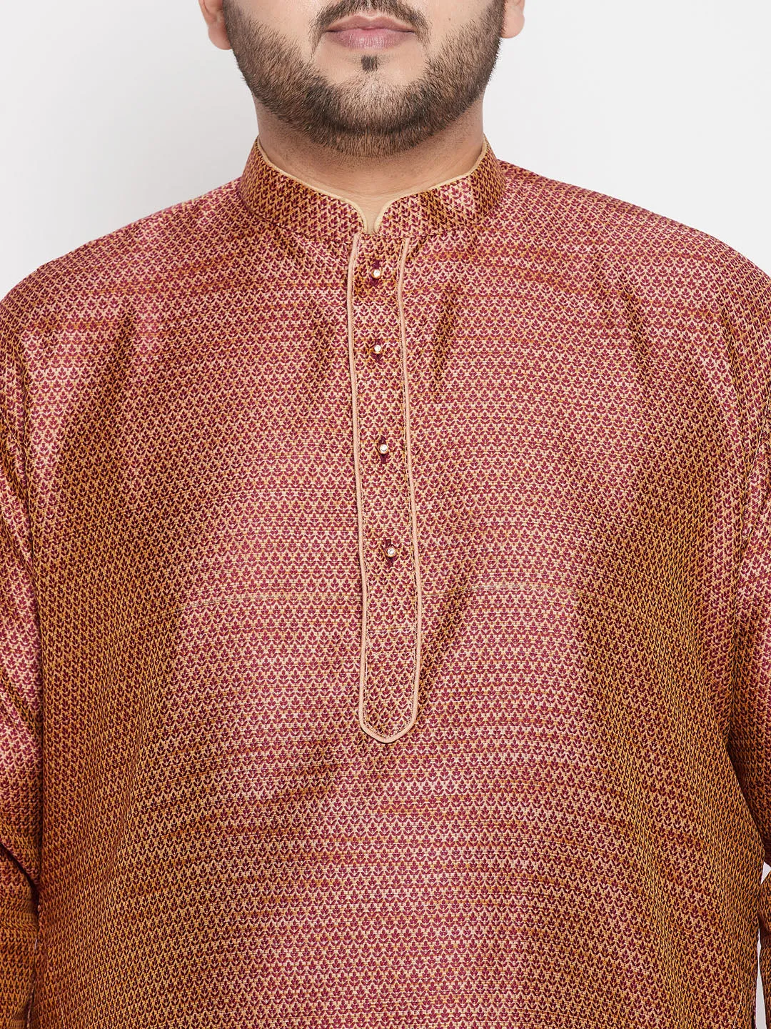 Jashvi Men's Plus Size Maroon Woven Kurta And Rose Gold Dhoti Set