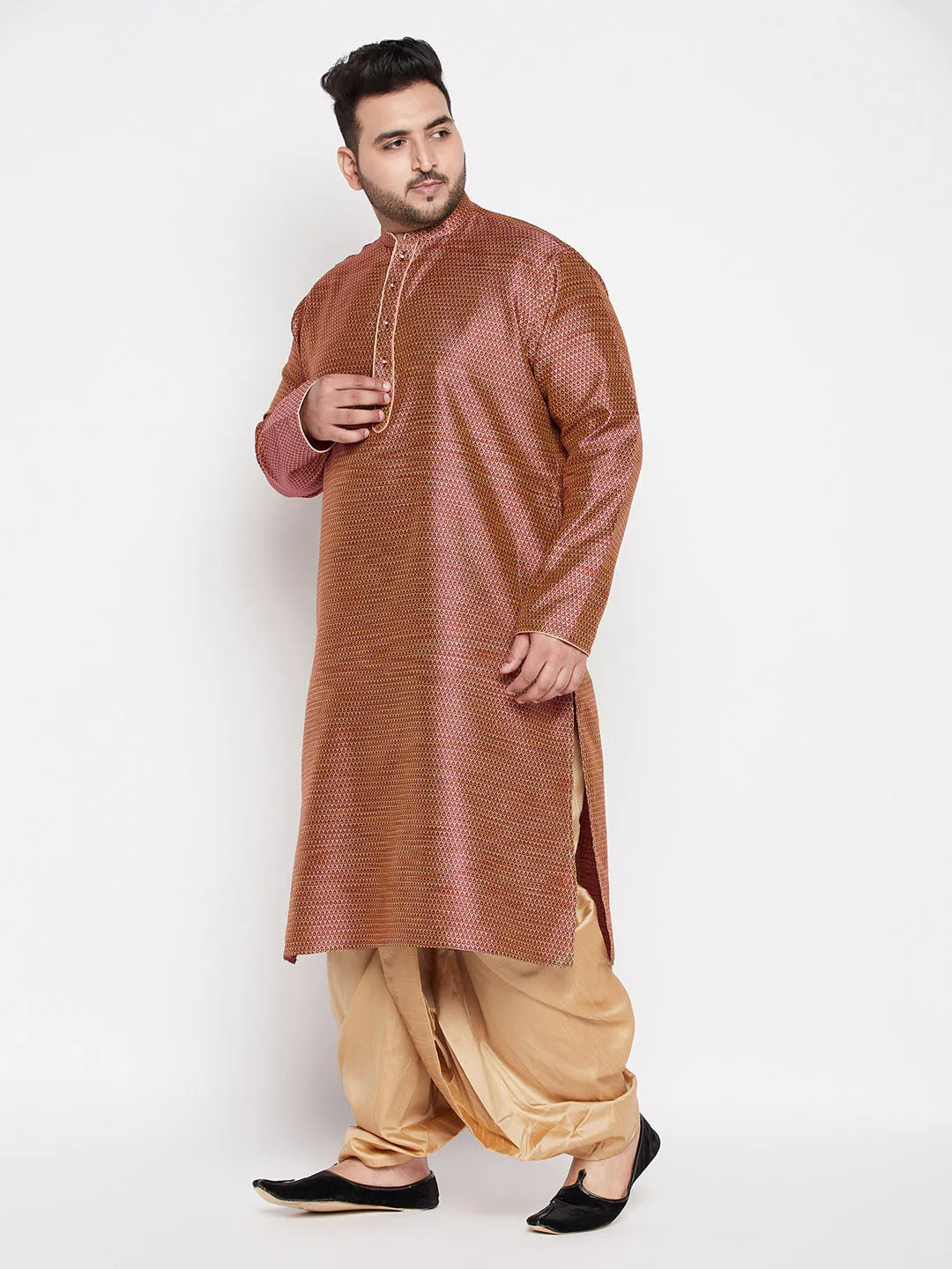 Jashvi Men's Plus Size Maroon Woven Kurta And Rose Gold Dhoti Set