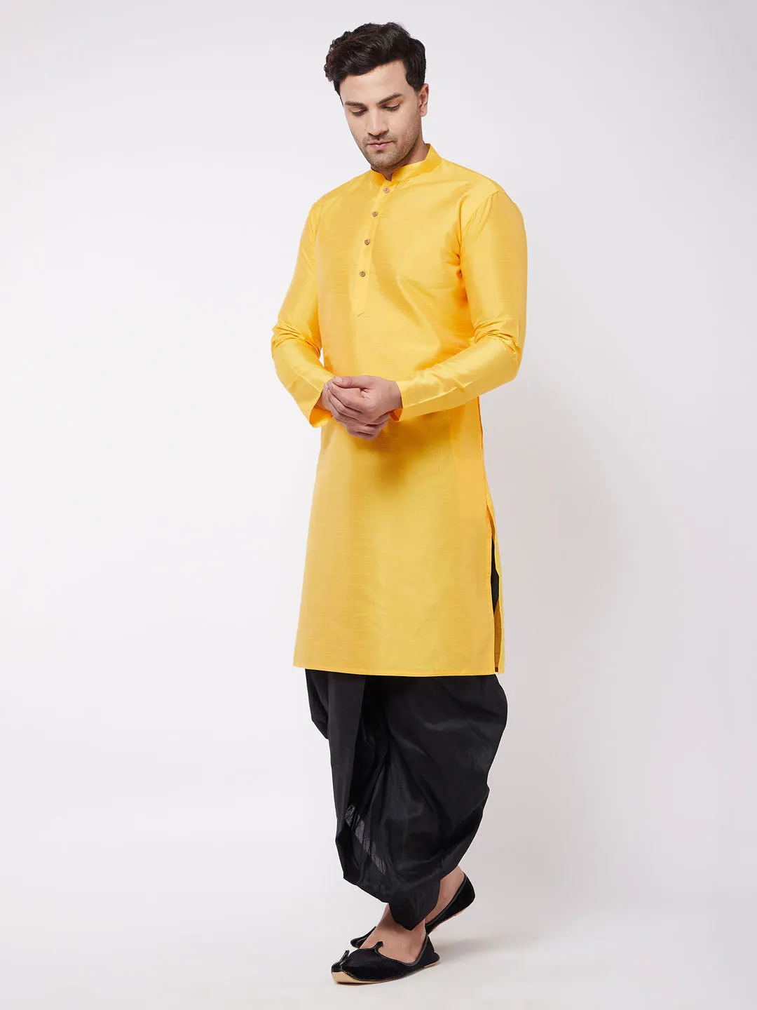 Jashvi Men's Yellow And Black Silk Blend Kurta And Dhoti Set