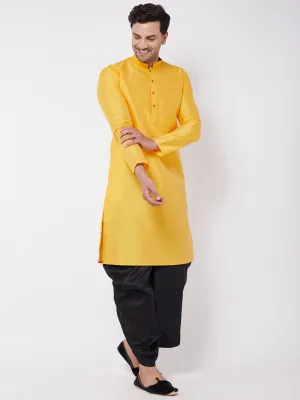 Jashvi Men's Yellow And Black Silk Blend Kurta And Dhoti Set