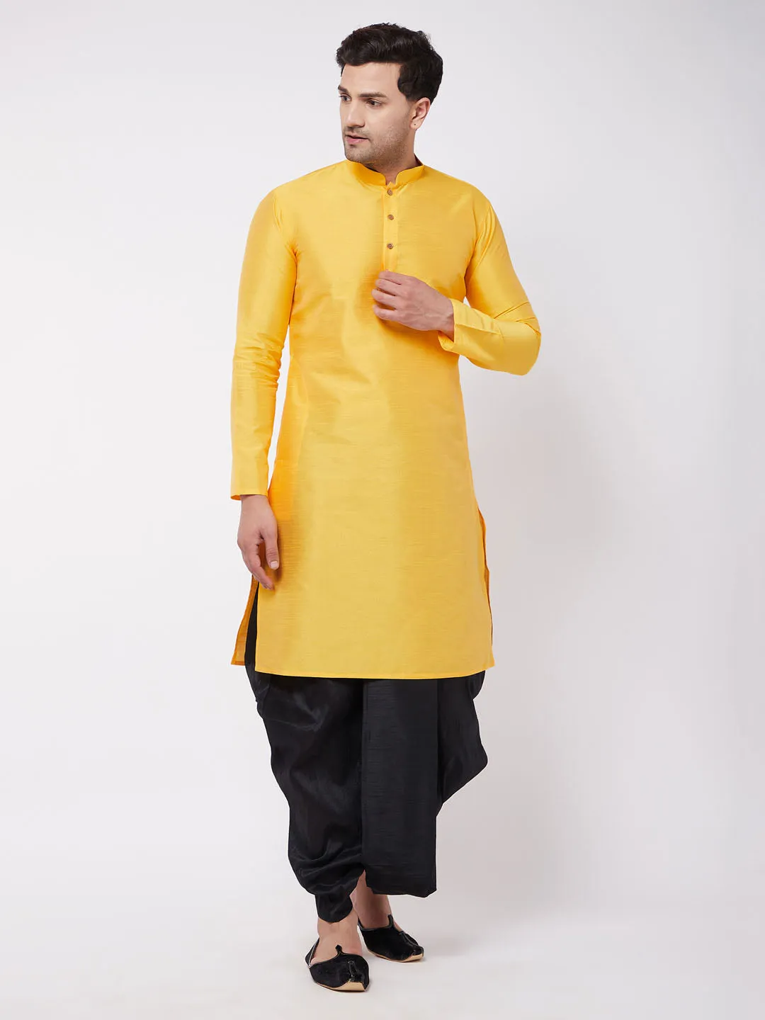 Jashvi Men's Yellow And Black Silk Blend Kurta And Dhoti Set