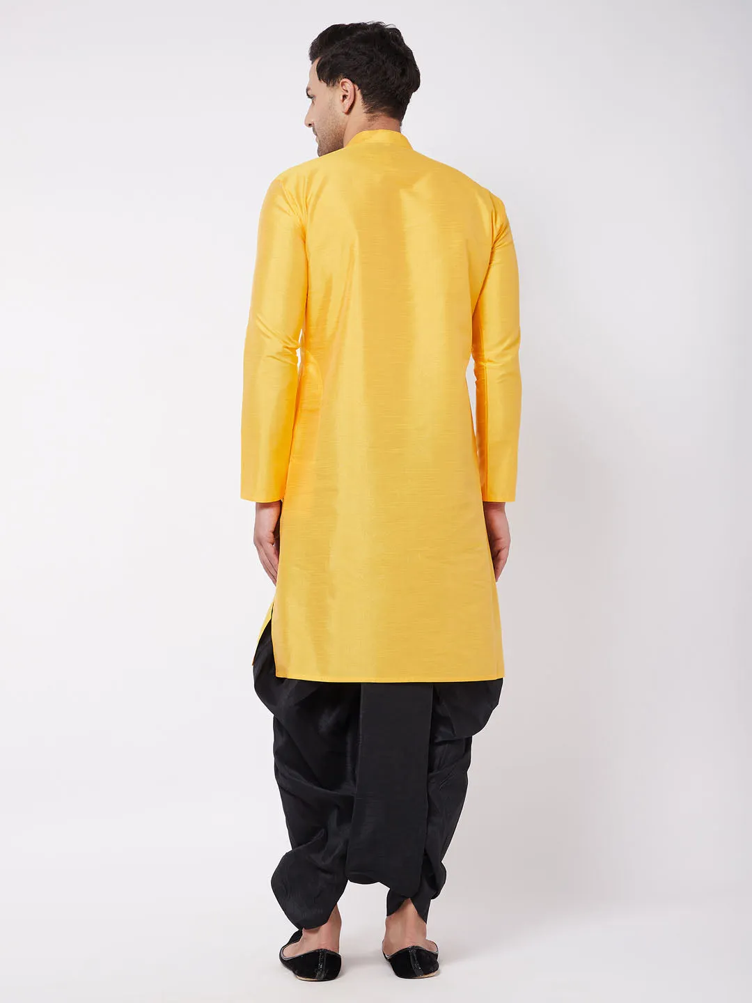 Jashvi Men's Yellow And Black Silk Blend Kurta And Dhoti Set