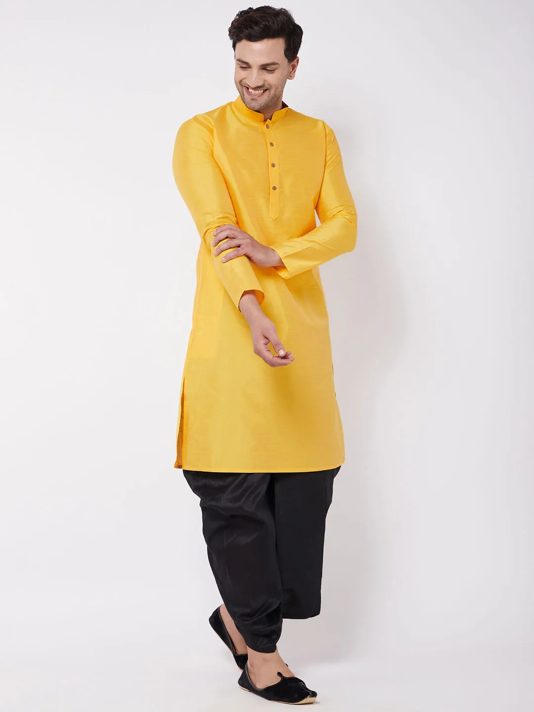 Jashvi Men's Yellow And Black Silk Blend Kurta And Dhoti Set