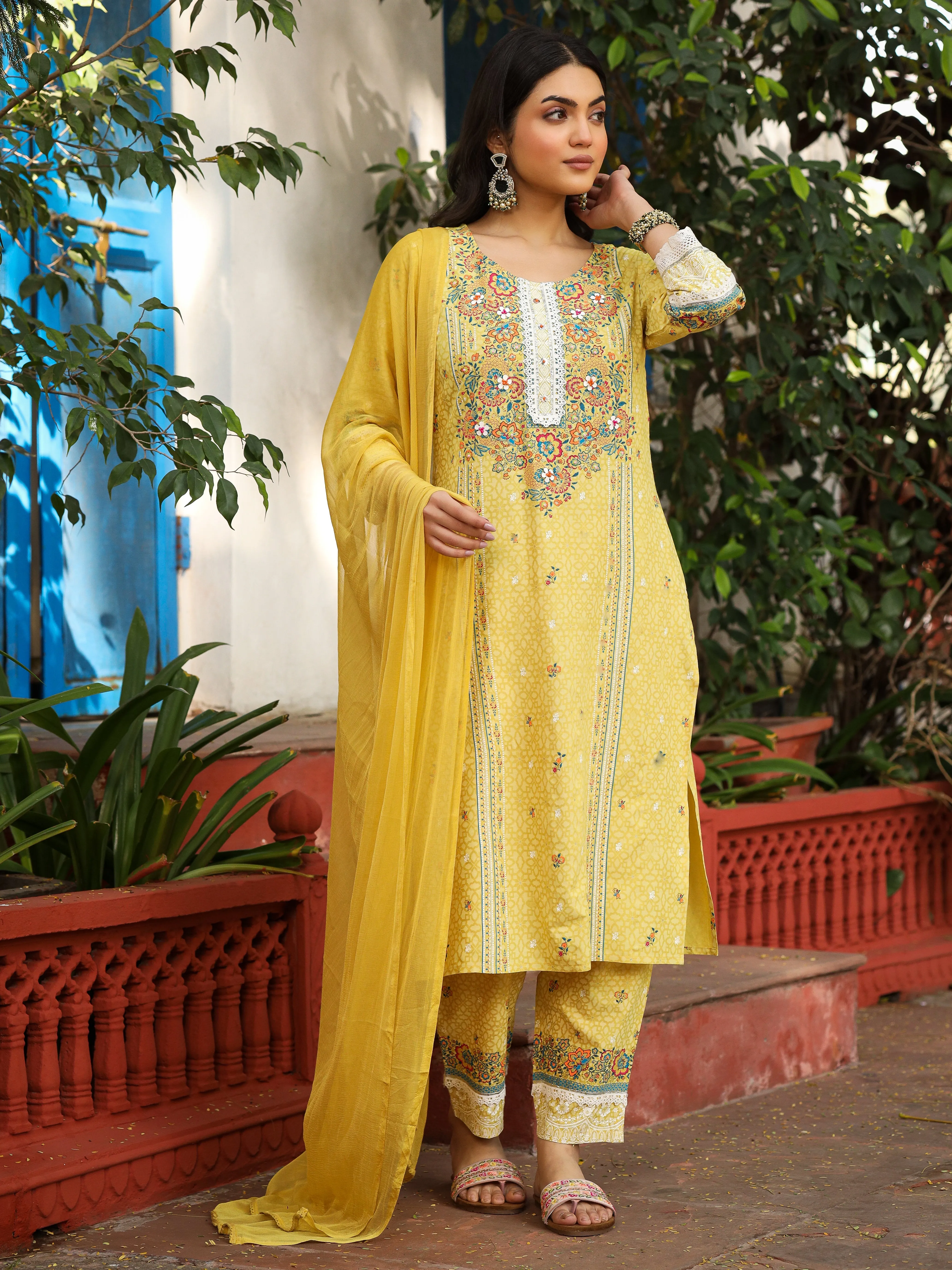 Jashvi Mustard Floral printed Pure Cotton Kurta Pants & Dupatta With Lace Work