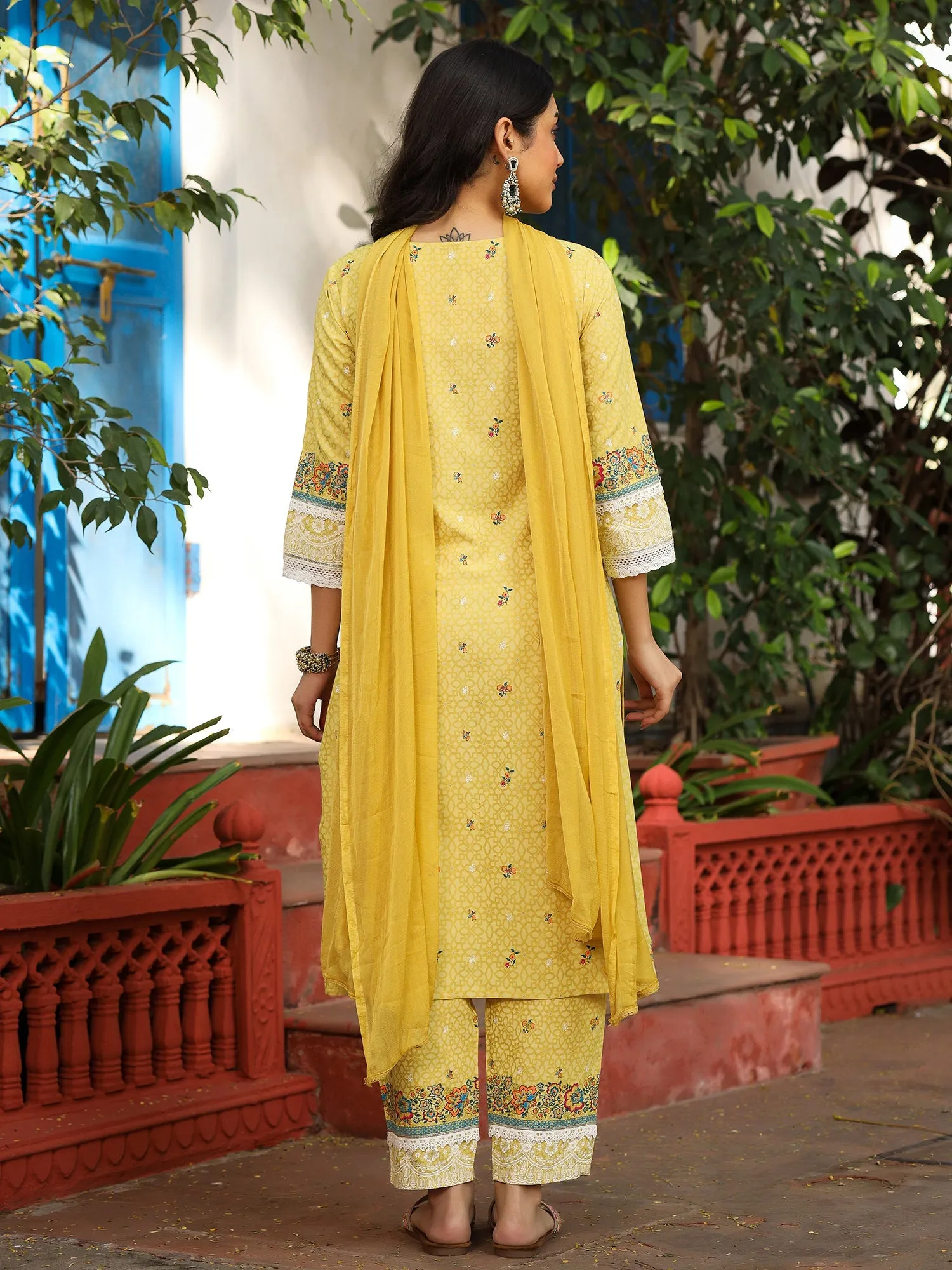 Jashvi Mustard Floral printed Pure Cotton Kurta Pants & Dupatta With Lace Work