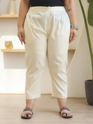 Jashvi Off White Solid Lycra Women Drawstring Plus Size Pants With Single Side Pocket