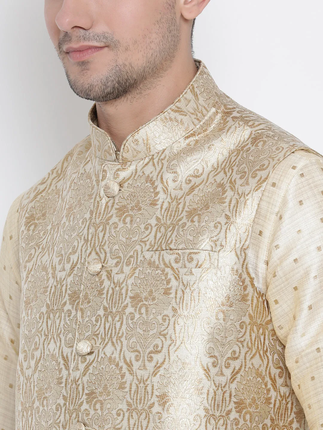 Jashvi Silk Blend Rose Gold and Gold Baap Beta Jacket Kurta Pyjama set