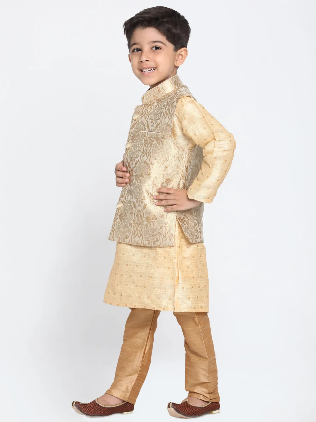 Jashvi Silk Blend Rose Gold and Gold Baap Beta Jacket Kurta Pyjama set