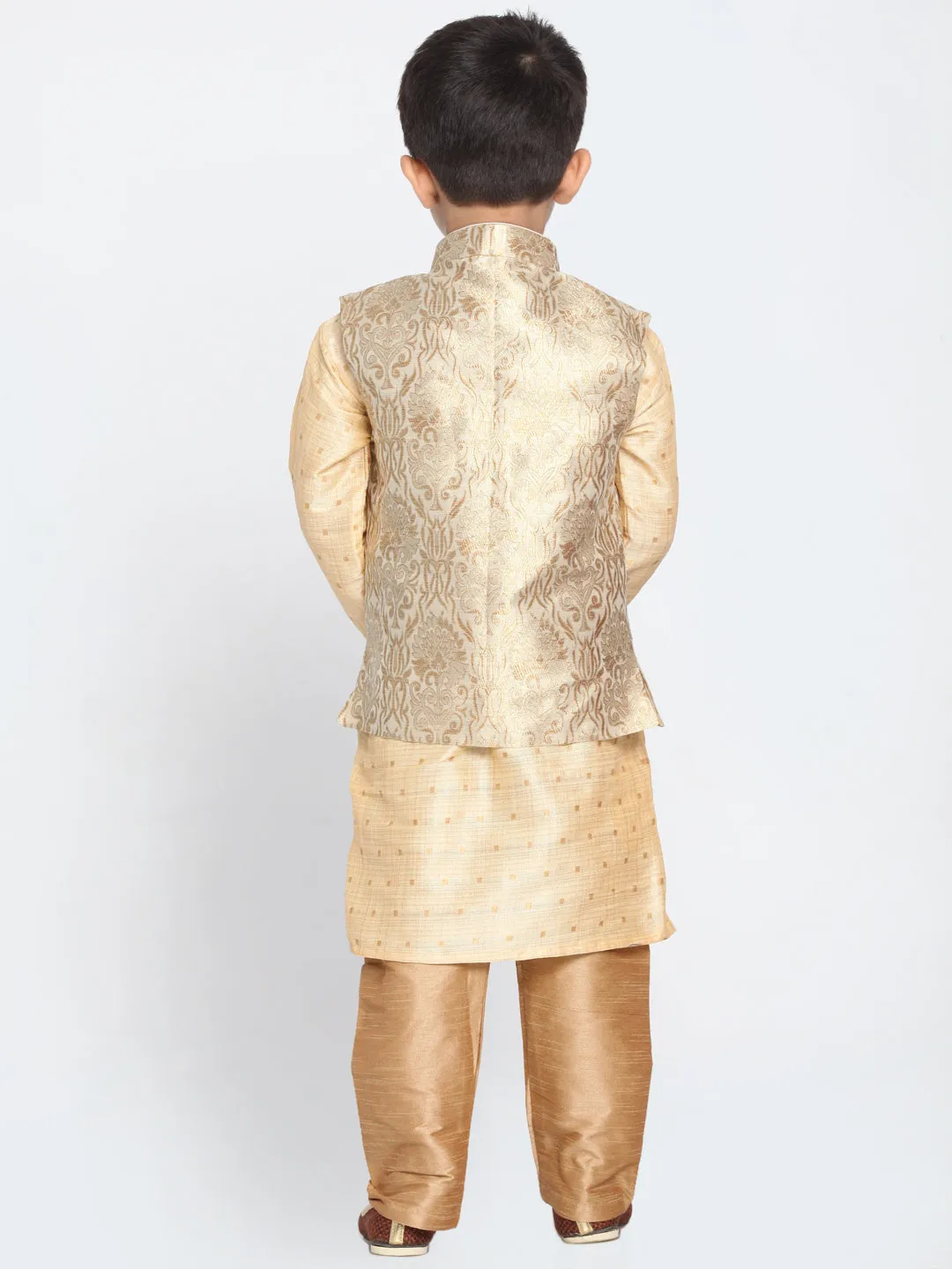 Jashvi Silk Blend Rose Gold and Gold Baap Beta Jacket Kurta Pyjama set