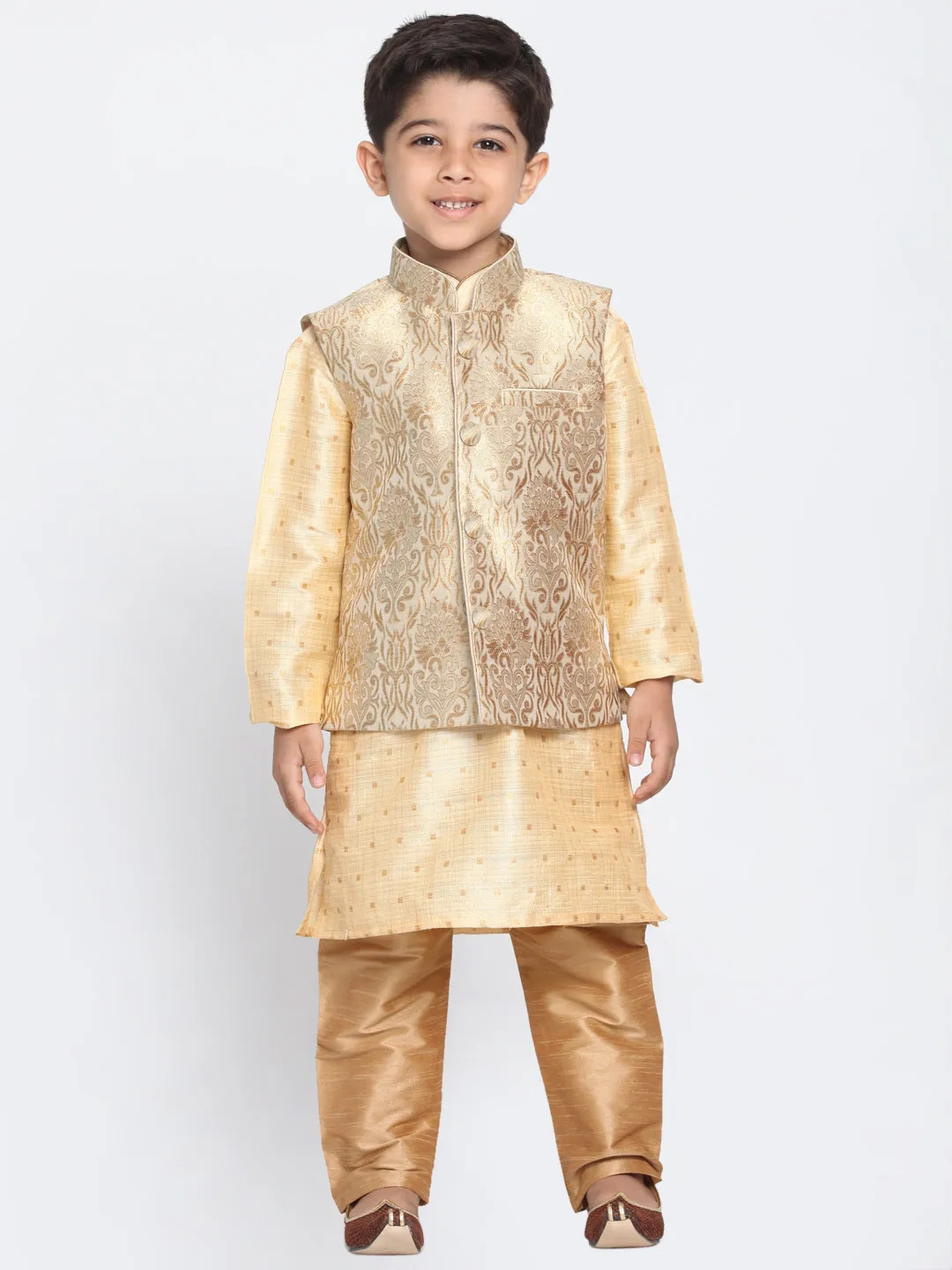 Jashvi Silk Blend Rose Gold and Gold Baap Beta Jacket Kurta Pyjama set