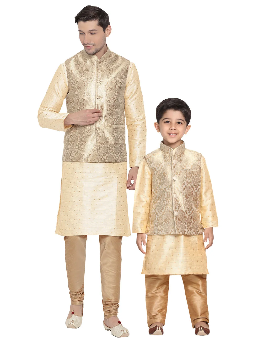 Jashvi Silk Blend Rose Gold and Gold Baap Beta Jacket Kurta Pyjama set