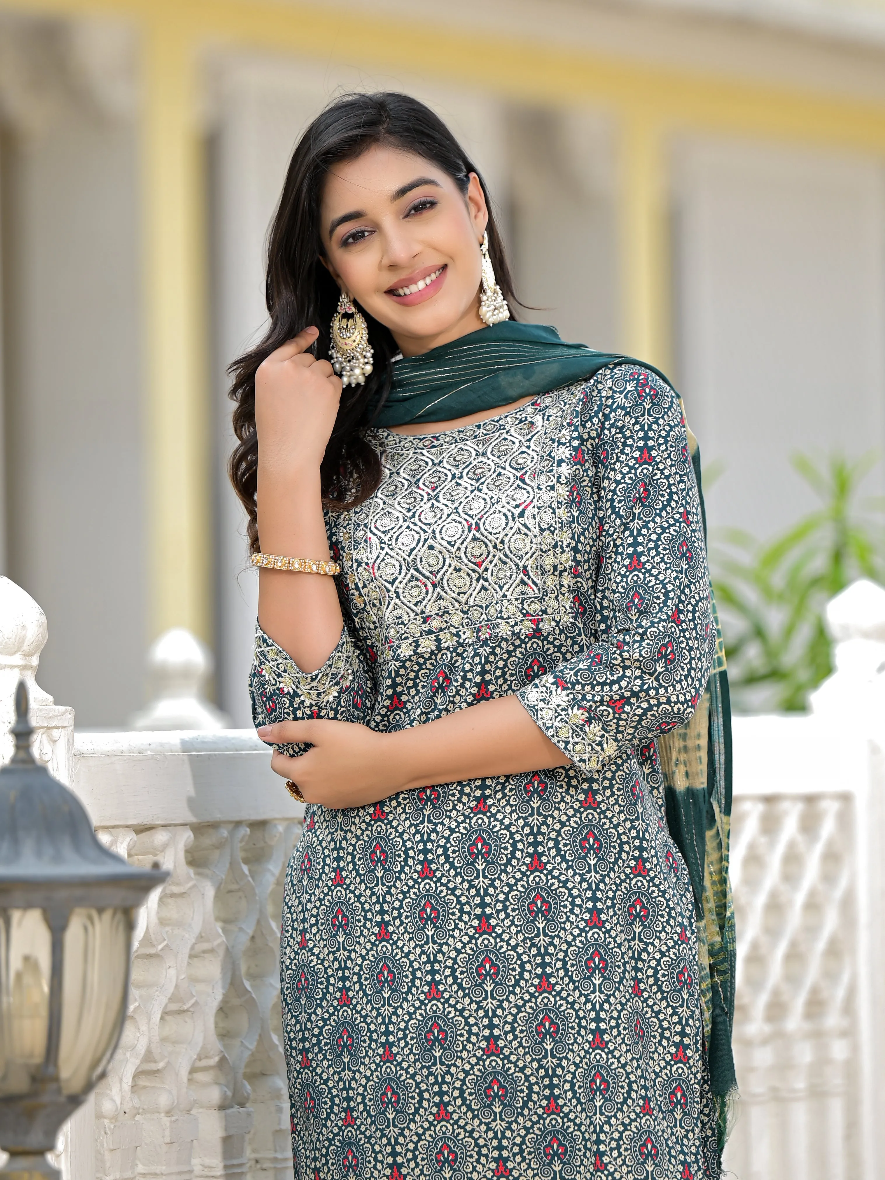 Jashvi Teal Ethnic Motif Printed Cotton Kurta, Pant And Dupatta Set With Zari Work & Sequins