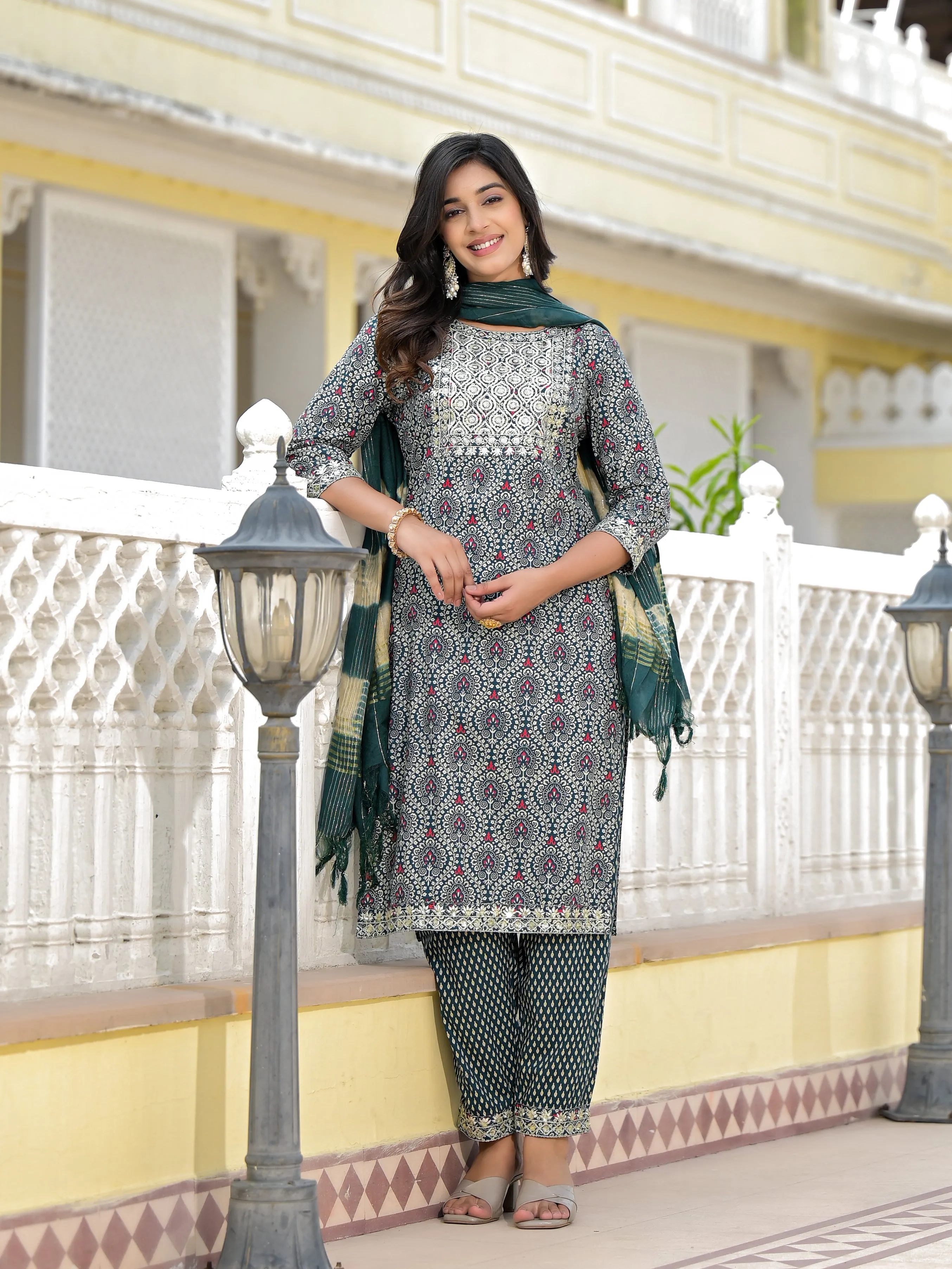 Jashvi Teal Ethnic Motif Printed Cotton Kurta, Pant And Dupatta Set With Zari Work & Sequins