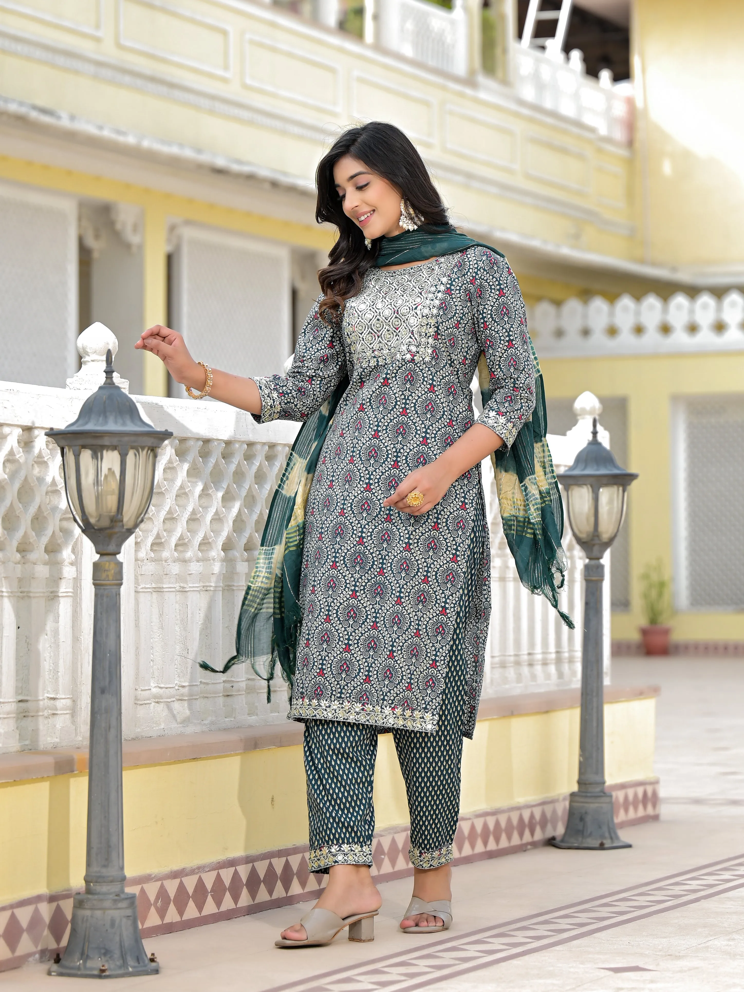 Jashvi Teal Ethnic Motif Printed Cotton Kurta, Pant And Dupatta Set With Zari Work & Sequins