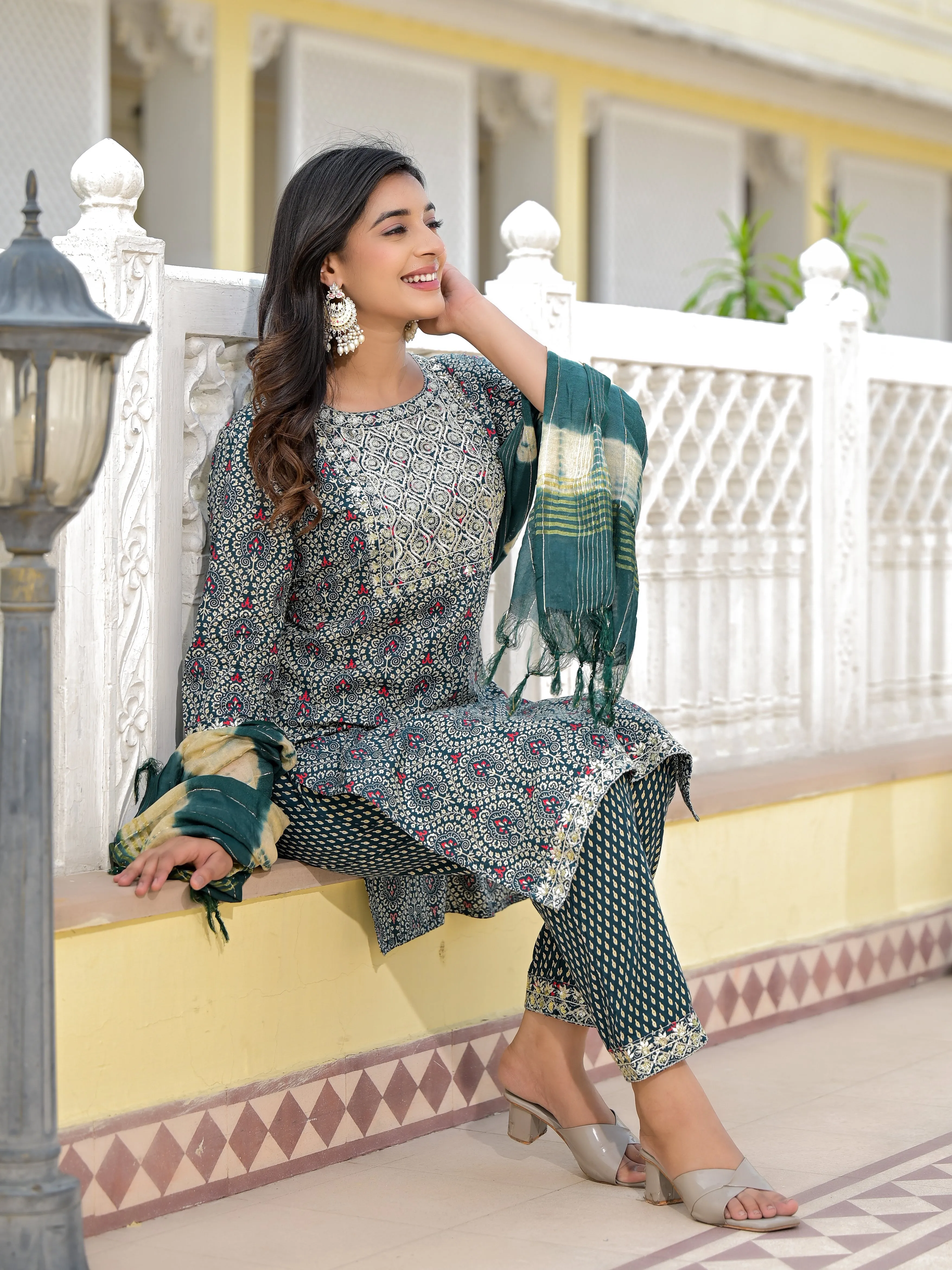 Jashvi Teal Ethnic Motif Printed Cotton Kurta, Pant And Dupatta Set With Zari Work & Sequins